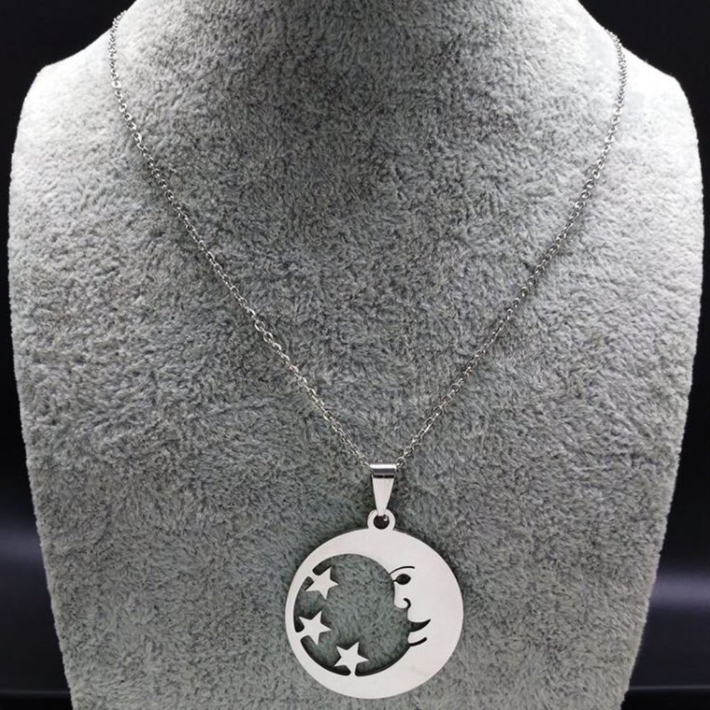 Moon Face and Stars Stainless Steel Necklace